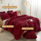XeGe Plush Shaggy Duvet Cover Set, Luxury Soft Crystal Velvet Fluffy Furry Bedding Sets 3 Pieces(1 Faux Fur Fuzzy Comforter Cover + 2 Faux Fur Throw Pillow Shams), Zipper Closure (Queen, Red)