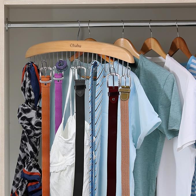 Belt Hanger Organizer for Closet: Ohuhu 2 Pack 12 Hooks Max 36 Belts Tie Rack Wooden Belt Holder for Storage 360 Degree Rotating Space Saver Organizer for Men Women Belt Tie Scarf-Burlywood