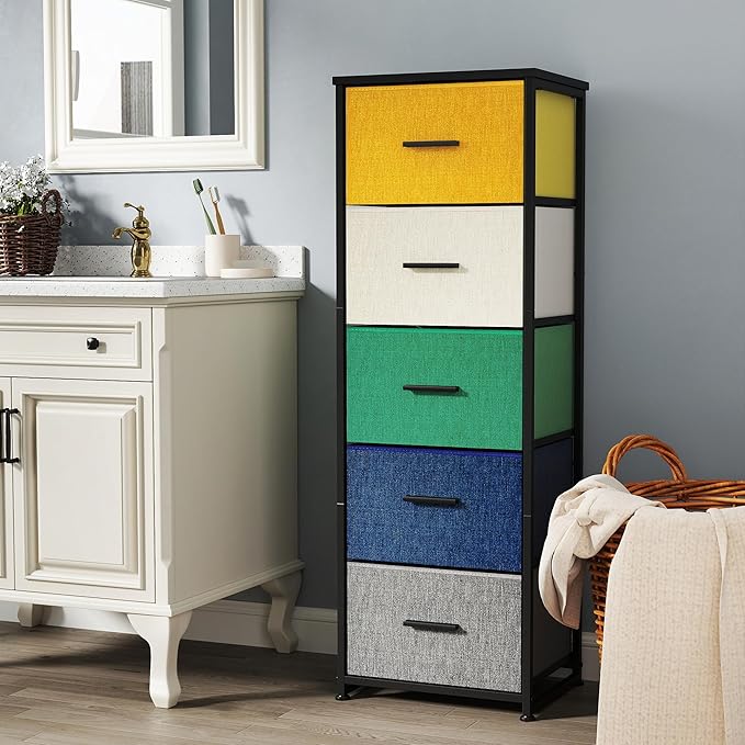 Dresser with 5-Drawer, Tall Fabric Storage Tower for Closet, Colorful Organizer Unit for Bedroom, Categorized Storage by Colors, Easy Pull Fabric Bins (Colourful)