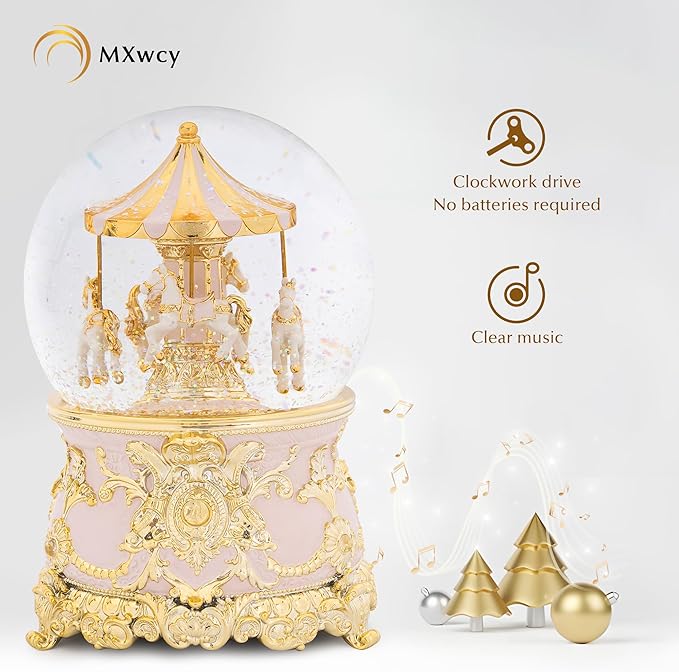 Carousel Horse Music Box Gold Pink Christmas Snow Globes Lantern Whirling Snow Globe Gift for Girls Women Mom Christmas Birthday Day Home Decoration
