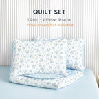 Wake In Cloud - Floral Quilt Set, Coquette Cottagecore Shabby Chic Flower Pattern for Women Teen Girls, Reversible Lightweight Bedspread Coverlet, 3 Pieces, White Blue, Twin/Twin XL Size