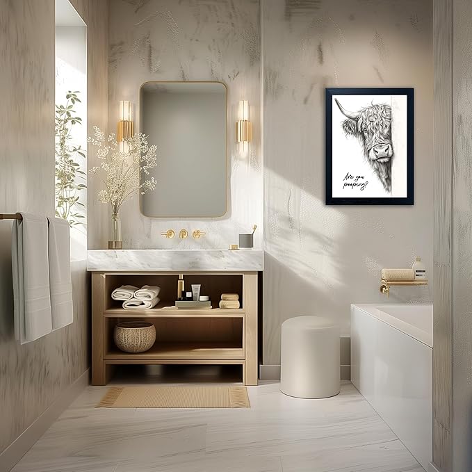 Funny Highland Cow Bathroom Wall Art - Rustic Farmhouse Wall Decor with Humorous Are You Pooping Canvas Print, Cute Animal Canvas Art for Restroom - Black Framed Cow Pictures Wall Decor Ready to Hang 12"x16"