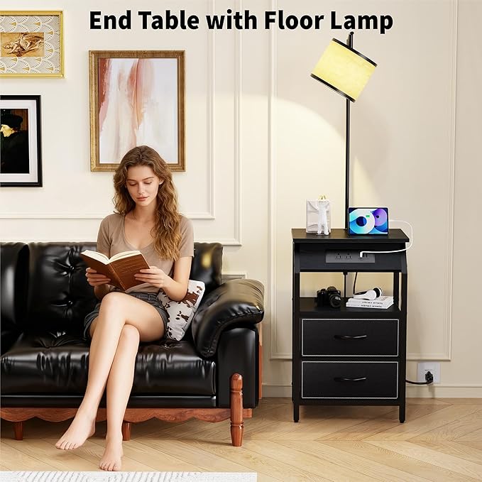 End Table with Floor Lamp, Nightstand with Charging Station, Floor Lamp Table with 3-Color Temperature Bulb, Bedside Table Night Stand with 2 Drawers for Bedroom, Living Room, Black