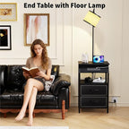 End Table with Floor Lamp, Nightstand with Charging Station, Floor Lamp Table with 3-Color Temperature Bulb, Bedside Table Night Stand with 2 Drawers for Bedroom, Living Room, Black