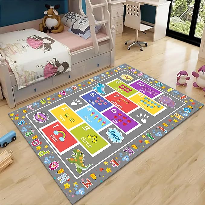 Educational Kids Rug 6x9ft - Alphabet & Numbers Play Mat with Animal Pattern - Non-Slip, Machine Washable Nursery Rug for Toddlers, Playroom & Classroom (Gray)