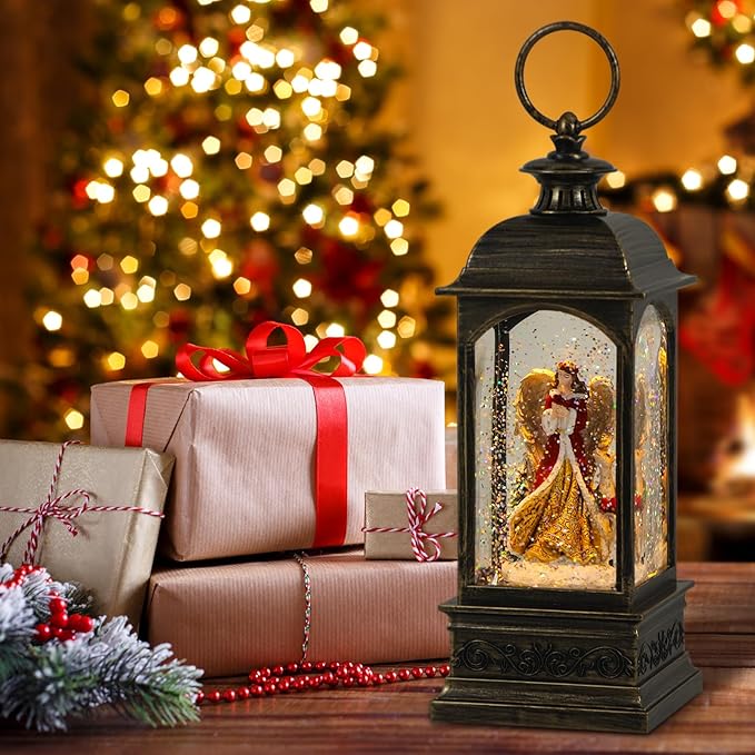 Eldnacele Angel Music Snow Globe Lantern with 6 Hour Timer, Battery Operated & USB Powered Singing Lighted Lamp Swirling Water Glittering Christmas Decoration Holiday Decor Lantern