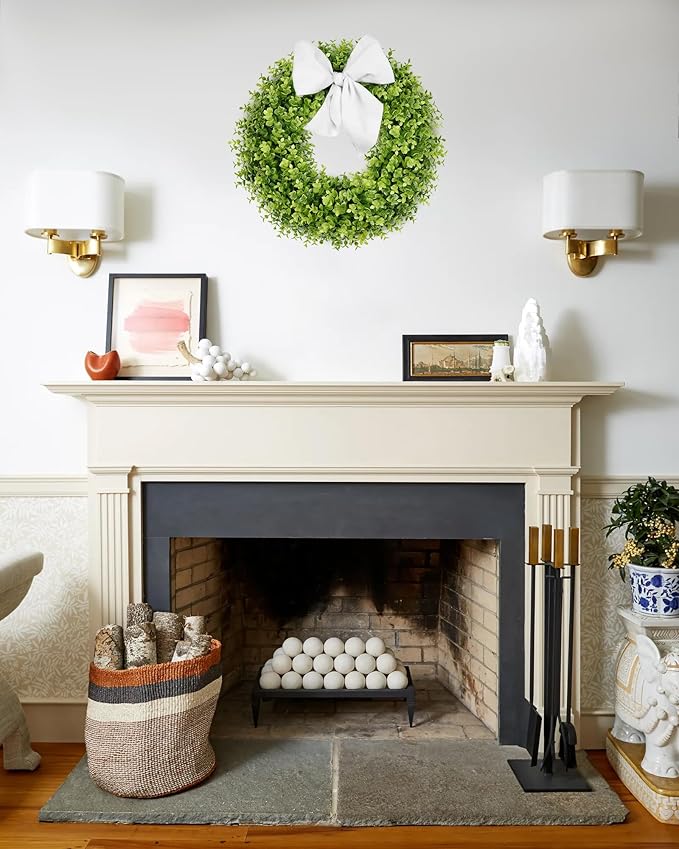 Vlorart 22 Inch Boxwood Wreaths for Front Door, Artificial Spring Wreath with Sash for Porch Window Wall Farmhouse Wedding Home Decorations, Summer Green Wreath for Year Round Indoor & Outdoor