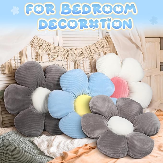 Reginary 4 Pcs Flower Floor Pillows Cute Plush Flower Throw Pillows Daisy Floor Seat Cushion Chair Pads for Back to School First Day of School for Sofa Couch Bed Decor(15 Inch,Gray, Blue, White)