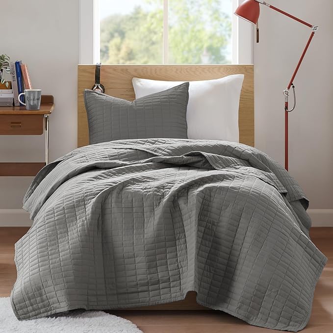 Comfort Spaces Kienna Quilt Set- Double Sided Stitching Design Summer Blanket, Lightweight, Soft, All Season Bedding Layer, Matching Sham, Charcoal, Coverlet Twin/Twin XL(66"x90") 2 Piece