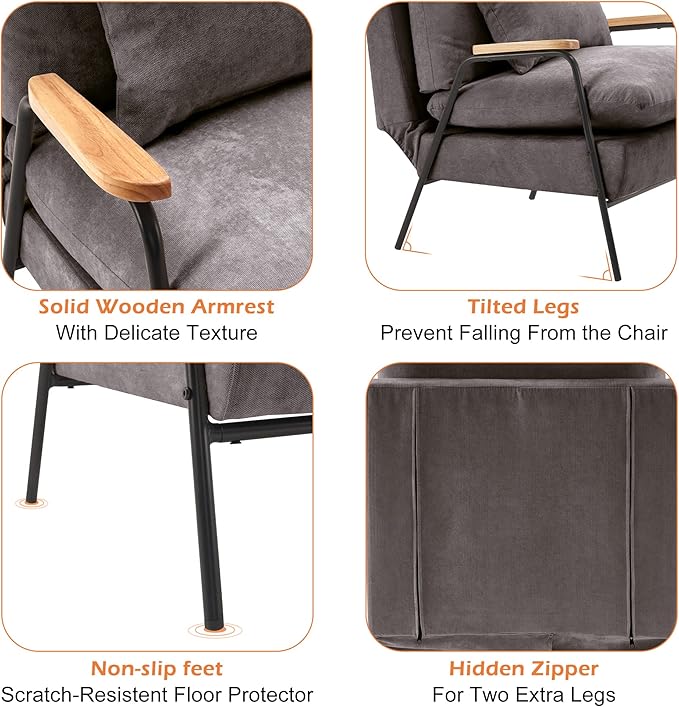 MCombo Accent Recliner Chair with Ottoman, Modern Fabric Armchair, Upholstered Sofa Bed for Living Room Bedroom, Small Space 4055 (Black Frame, Grey)