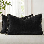 decorUhome Spring Chenille Soft Throw Pillow Covers 12x20 Set of 2, Lumbar Velvet Farmhouse Neutral Decorative Pillow Covers with Stitched Edge for Couch Sofa Bed Home Decor, Black