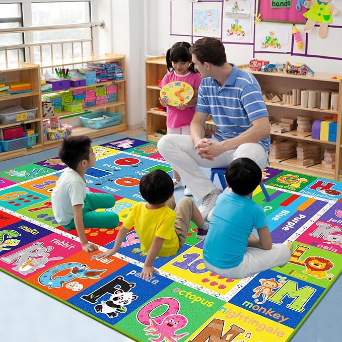 ABC Carpet, Kids Rugs for Playroom, Educational Play Mat for Kids, Preschool Rugs with ABC, Numbers, Animals Learning Carpet for Bedroom Playroom Classroom Baby Toddler Children (Blue, 118X78.7 INCH)