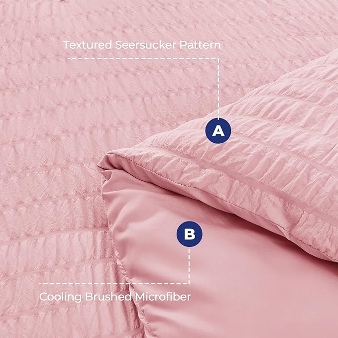 HYMOKEGE Pink King Size Comforter Set Seersucker 7 Pieces, All Season Luxury Bed in a Bag for Bedroom, Bedding Set with Comforters, Sheets, Pillowcases & Shams