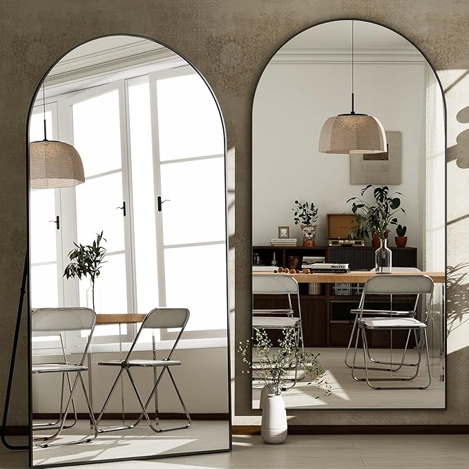 GLSLAND-34x76 inch Wall Mount Arched Full Length Mirror-Aluminum Alloy Frame High Definition-Full Body Mirror for Bedroom or Living Room,Black