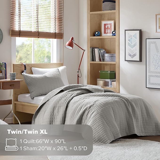 Comfort Spaces Kienna Quilt Set- Double Sided Stitching Design Summer Blanket, Lightweight, Soft, All Season Bedding Layer, Matching Sham, Grey, Coverlet Twin/Twin XL(66"x90") 2 Piece