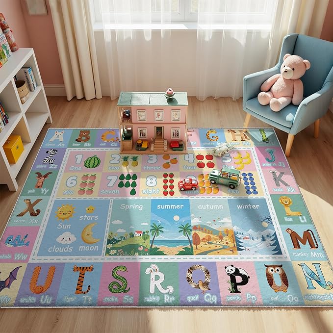 5x7ft Kids ABC Animals Education Rug - Non-Slip Faux Wool Carpet with Interactive ABC Animals Design, Educational Mat for Kids, Bedroom Playroom Nursery Gift.