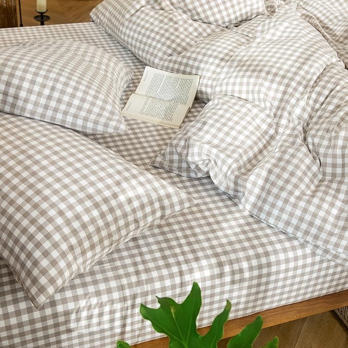 MooMee Gingham Duvet Cover Set 100% Washed Cotton Linen Like Textured Breathable Durable Soft Comfy Modern Checkered Design (Tannish Linen Grey Gingham, King 104"x90")