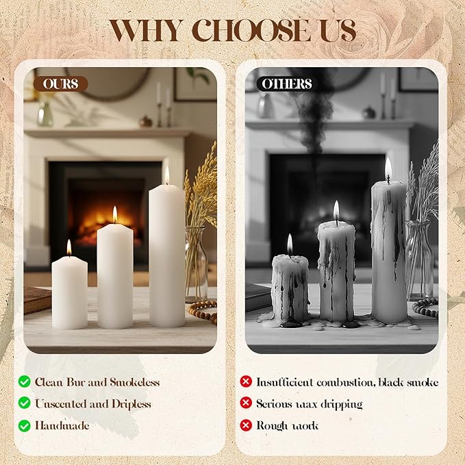 36 Pack Ivory Pillar Candles Bulk Set, 2x3 2x4 2x6 Inch - 12 Each Size, Dripless Smokeless Clean Burning for Wedding Centerpieces, Home Decor, Church, Romantic Ambiance！