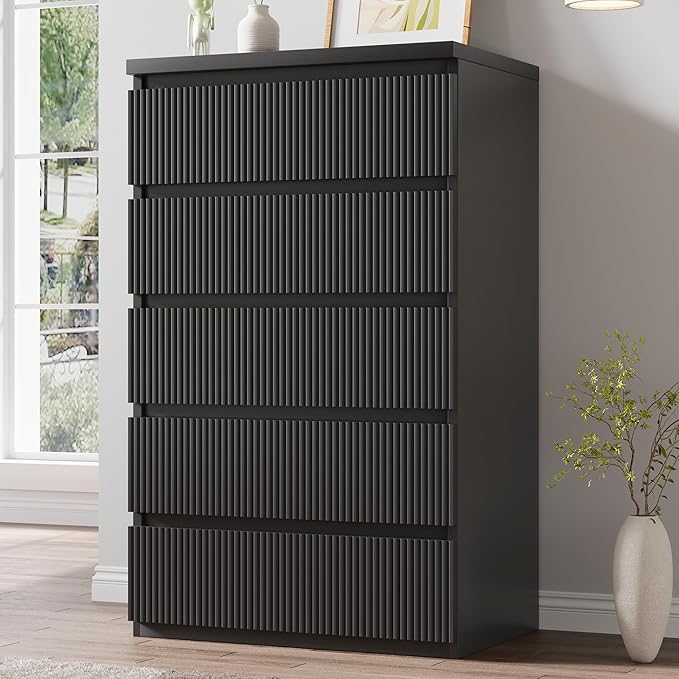 Fluted 5 Drawer Dresser, 43" Tall Dresser Chest of Drawers Curved Profile Design, Wood Mid Century Vertical Dresser Natural Texture for Bedroom, Black Dresser