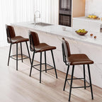 24-Inch Leather Bar Stools Set of 3, Counter Height Barstools with High Backrest，Bar Chairs for Kitchen Island with Heavy Duty Metal Legs, Dark Brown