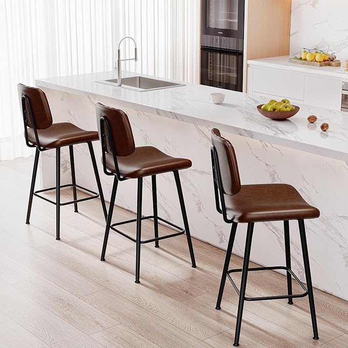 24-Inch Leather Bar Stools Set of 3, Counter Height Barstools with High Backrest，Bar Chairs for Kitchen Island with Heavy Duty Metal Legs, Dark Brown