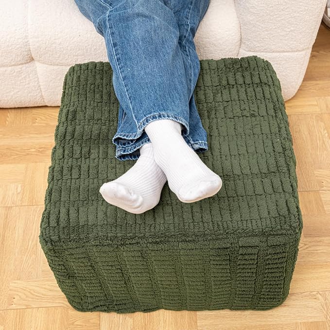 20x20x14 Inches Fluffy Square Pouf Ottoman - Plush Furry Ottoman Foot Rest Stool with High-Density Foam, Versatile Floor Seating for Living Room (Green)