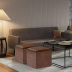 SIMPLIHOME Rockwood Cube Storage Ottoman with Tray - 17 inch Wide Upholstered Vegan Leather Square Storage Ottoman in Distressed Saddle Brown, Contemporary Cube Ottoman for Living Room with Tray