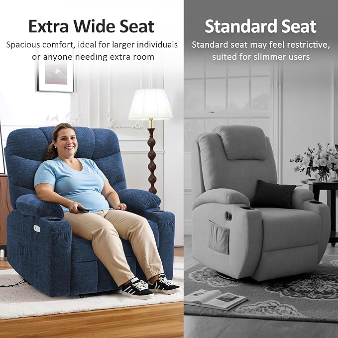 MCombo Oversized Power Lift Recliner Chair with Extended Footrest, Extra Wide 27.2" for Big and Tall Elderly People, Fabric R7289 (Navy Blue, Medium-Oversize)