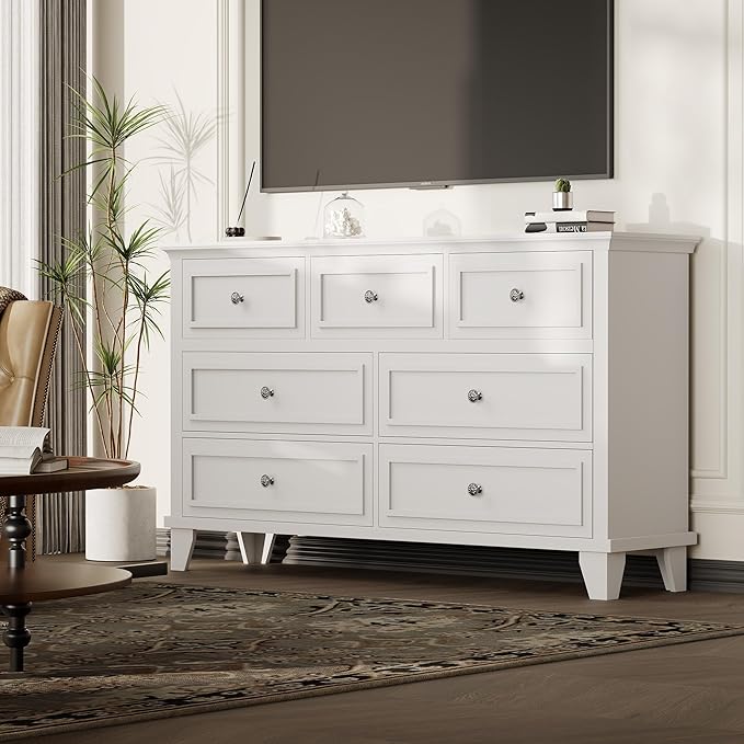 GarveeHome White Dresser for Bedroom, 7 Drawer Dresser, Wooden Chest of Drawers with Deep Drawers, 47 in Long Dressers TV Stand, Modern Dressers Organizer with Vintage Handle for Living Room, Hallway