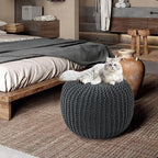 HOMBYS Unstuffed Ottoman Pouf Cover, 100% Cotton Handmade Knitted Ottoman Pouf Cover Round Foot Stool, Floor Bean Bag Chair, Foot Rest with Storage for Living Room Bedroom, Grey(Cover ONLY NO Filler)