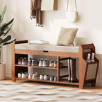 39.4" Bamboo Shoe Rack Bench, 3-Tier Entryway Bench with Thick Cushion, Flip-Top & Side Storage, Holds Up to 550 LBS for Hallway, Living Room, Bedroom
