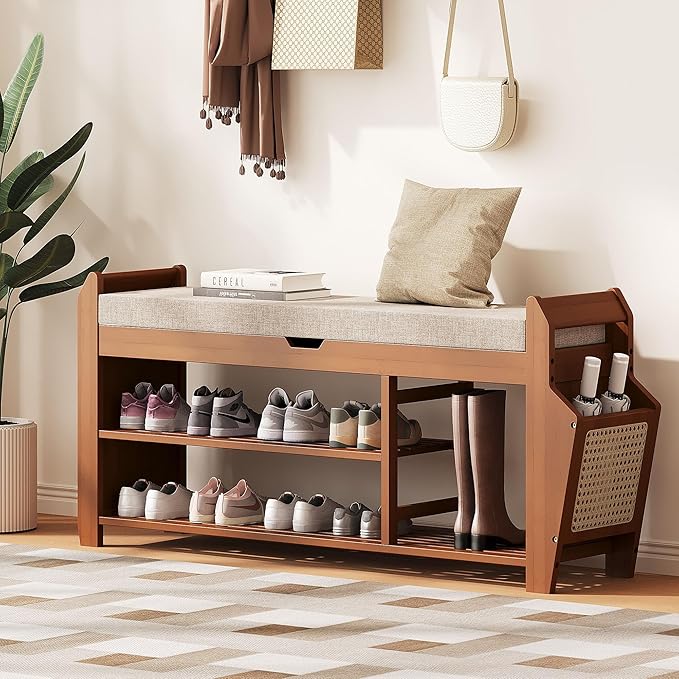 39.4" Bamboo Shoe Rack Bench, 3-Tier Entryway Bench with Thick Cushion, Flip-Top & Side Storage, Holds Up to 550 LBS for Hallway, Living Room, Bedroom
