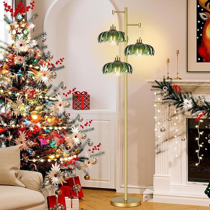 Gold Floor Lamp for Living Room Bedroom,Modern Floor Lamps with Unique Green Glass Shades,3 Lights Mid Century Tall Standing Lamp,Vintage Tree Flower Floor Lamp for Corner Office Reading