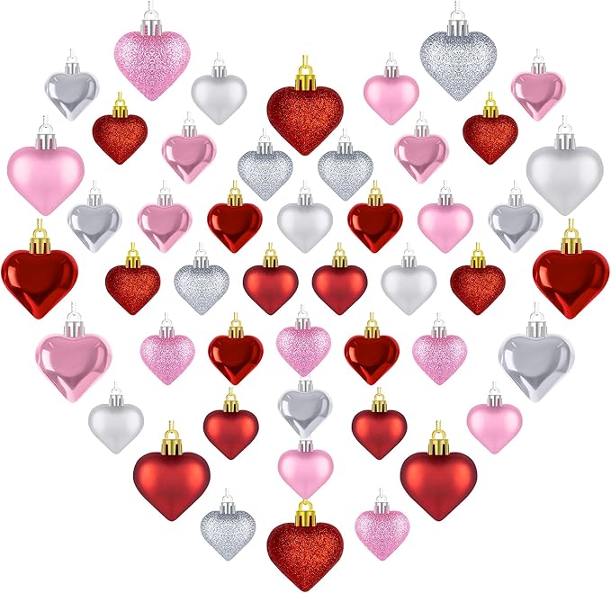 Heart Decorations, 48pcs Heart Shaped Ornaments, Glitter Red Heart Shaped Hanging Baubles, Romantic Pink Glossy Valentines Decor for Outdoor Indoor Party Wedding Engagement Lover