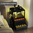 Nightstand with Light, LED End Table with Drawers and Charging Station Type C Port, Small Bedside Table with Hooks, Storage Dresser Side Table for Living Room, Bedroom, Dorm, Black