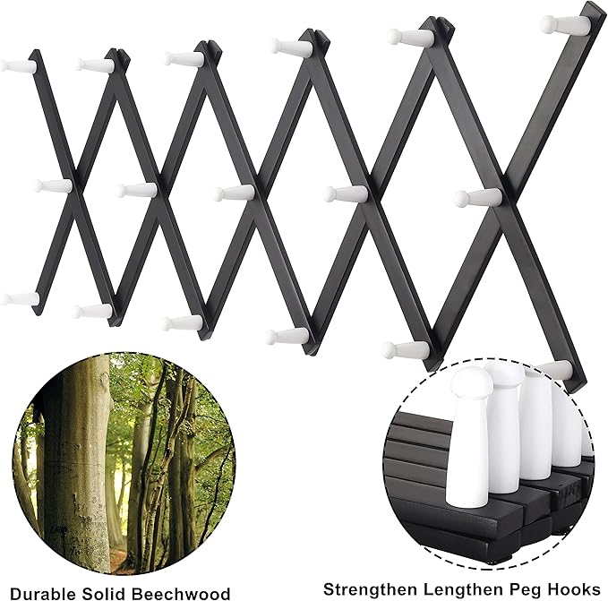 Dseap Accordian Wall Hanger: 16” High Wooden Wall Expandable Coat Rack, Hat Rack Holder, Accordion Hook for Baseball Caps, Coats, Mugs,17 Peg Hooks, Black & White