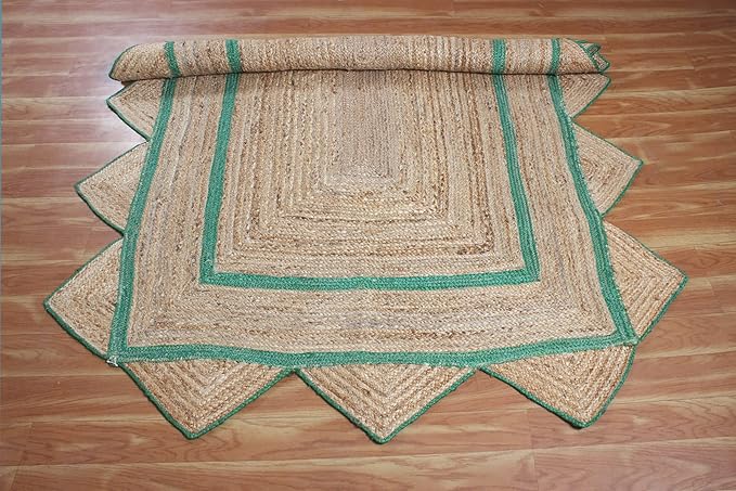 Scalloped Edge Rug, Hand Woven Natural Jute Area Rug, 4x8 Ft Beige & Green Braided Sisal Kilim Rugs for Living Room, Kitchen, Entryway, Farmhouse