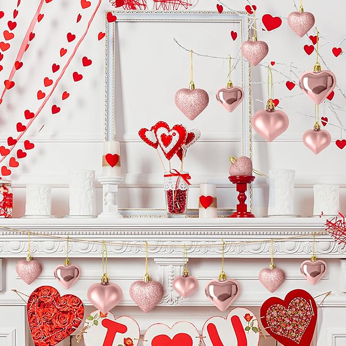 24PCS Valentines Day Heart Ornaments, Rosegold Heart Shaped Ornaments, 2 Sizes Heart Hanging Ornaments, Glossy Heart Baubles Hanging Decorations for Valentine's Day Wedding Anniversary Party Decor