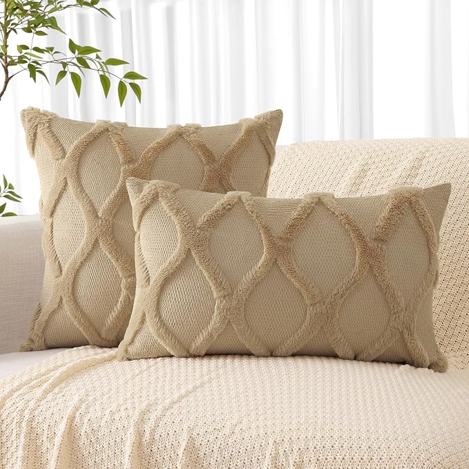 decorUhome Spring Throw Pillow Covers 20x20 Inch Set of 2, Soft Plush Faux Fur Wool Khaki Couch Pillow Covers, Decorative Neutral Pillow Cases for Bed Sofa Living Room Home Decor