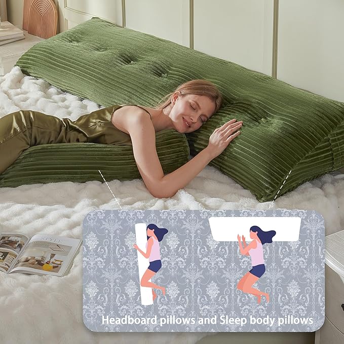 Headboard Wedge Pillow + A Long Neck Roll Pillow Body Pillow，Large Headboard Pillow with Removable Cover (Green, Queen：59x8x20 inches)