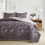 Flysheep Quilt Set 3 Pieces King Size, Black Leaves Botanical Design Reversible Bedspread Coverlet Set, Soft Microfiber Lightweight Bed Cover for All Season (102" x 90", 1 Quilt+ 2 Pillow Shams)