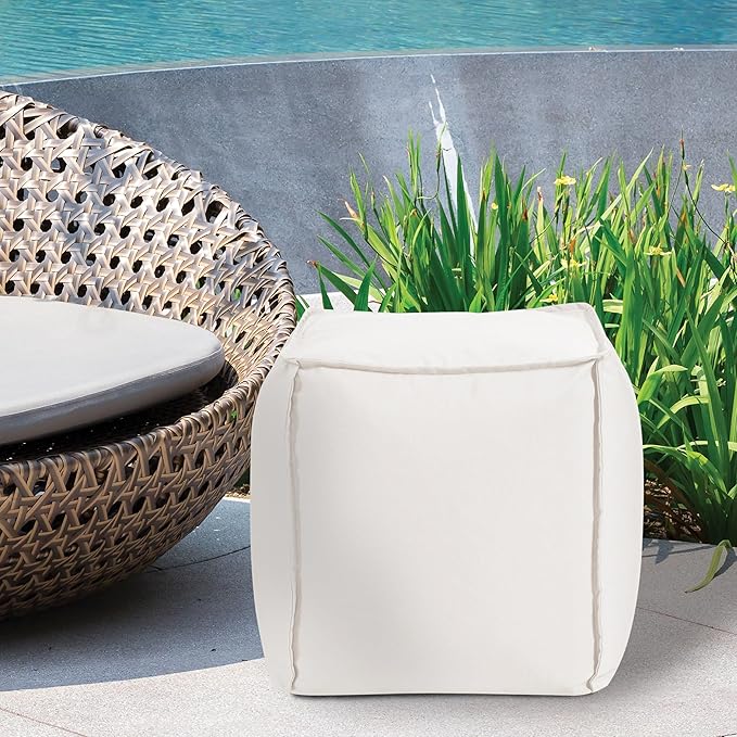 Howard Elliott Square Pouf Ottoman Foot Rest With Cover, Round Stuffed Filled Foot Stool, Fluffy Compact & Comfortable Soft Seating for Living Room & Bedroom, 20 x 20 x 18 Inch, White