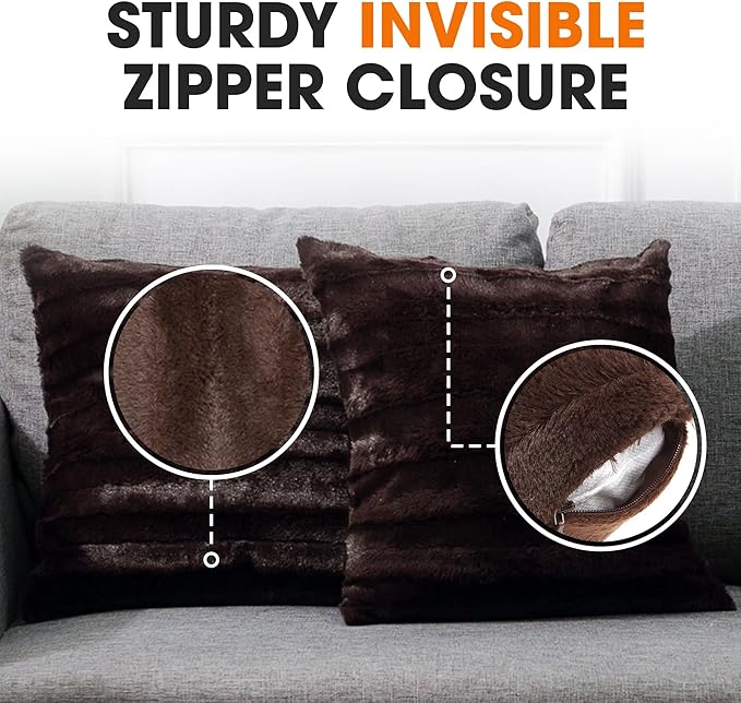 Cheer Collection Faux Fur Throw Pillows - Decorative Pillows for Couch, Bed Throw Pillows, Chocolate Accent Pillows for Bedroom or Living Room Aesthetic, Set of 2 Furry Throw Pillows, 16" x 16"
