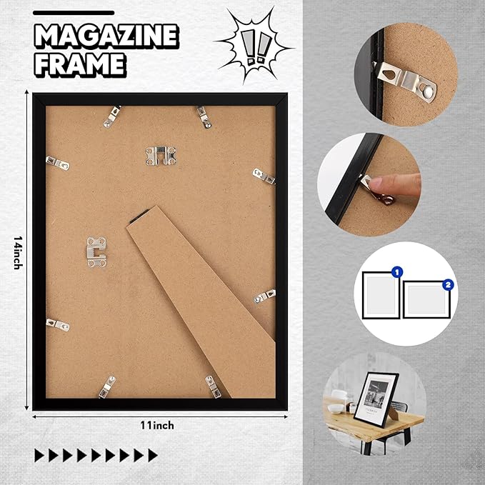 Geetery 8 Pcs Plastic Magazine Frames for Wall Fits 8.5''x11.25'' Magazine Display Frame with Installed Hangers and Core Matting for Home Decoration (Black (White Mat))