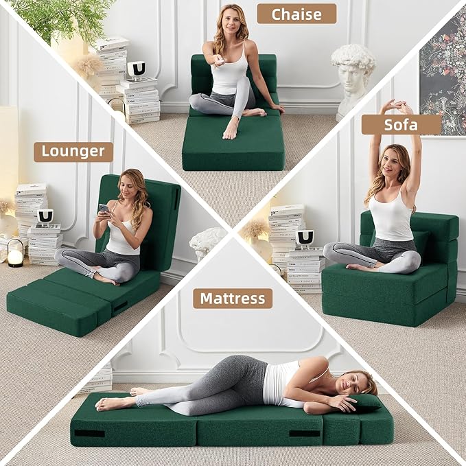 FILUXE Convertible Folding Sofa Bed-Sleeper Chair with Pillow, Modern Linen Fabric Floor & Futon Couch, Foldable Mattress for Living Room/Dorm/Guest Use/Home Office/Apartment, Single Size,Dark Green
