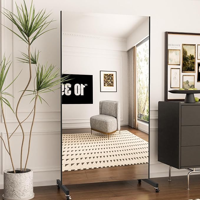 Full Length Mirror with Wheels, 71 "x 40", Black, Nano Film Surface Without Glass, shatterproof, Safe, Lightweight, only 13lbs Easy to Move and Install, for Home Gym, Dance & Yoga Studios.