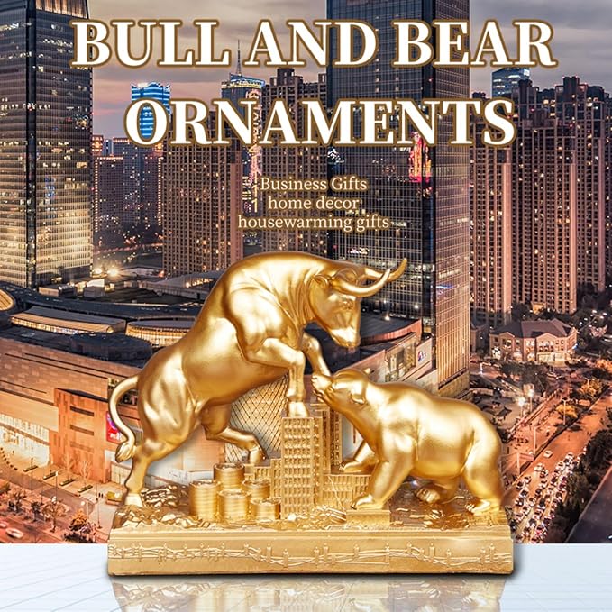 AETVRNI Bull and Bear Statue Wall Street Bull Statue - Ideal Stock Market Gift for Men Office Decoration Wall Street Bull Vs Bear Home Décor Stock Market,Gold