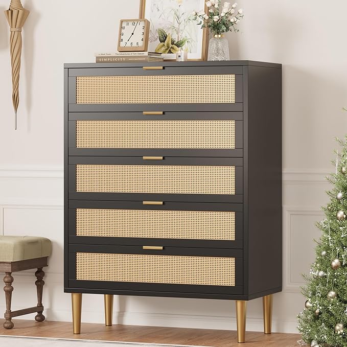 GarveeHome Rattan 5 Drawer Dresser, Modern Chest of Drawers with Gold Legs and Gold Handles, Tall Dresser with Large Tabletop and Anti-Tipping Design for Bedroom Living Room, Black