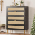 GarveeHome Rattan 5 Drawer Dresser, Modern Chest of Drawers with Gold Legs and Gold Handles, Tall Dresser with Large Tabletop and Anti-Tipping Design for Bedroom Living Room, Black