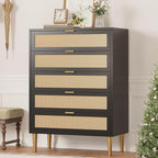 GarveeHome Rattan 5 Drawer Dresser, Modern Chest of Drawers with Gold Legs and Gold Handles, Tall Dresser with Large Tabletop and Anti-Tipping Design for Bedroom Living Room, Black